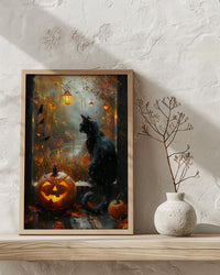 Halloween Window Wall Art, Black Cat Decor - Pumpkin Patch Rainy View