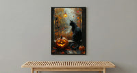 Halloween Window Wall Art, Black Cat Decor - Pumpkin Patch Rainy View