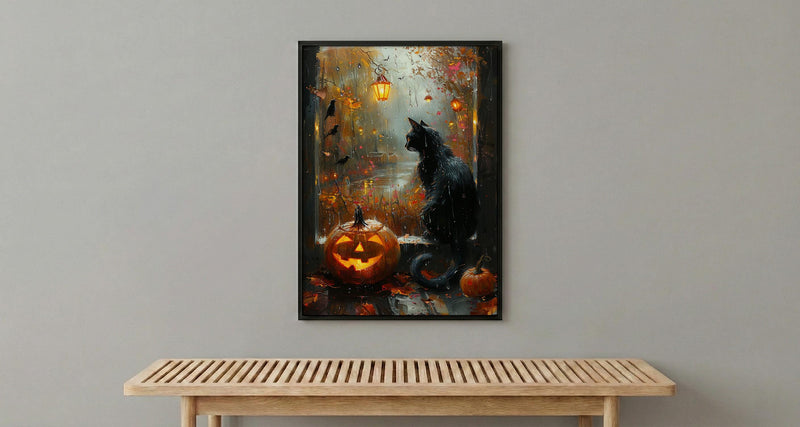 Halloween Window Wall Art, Black Cat Decor - Pumpkin Patch Rainy View