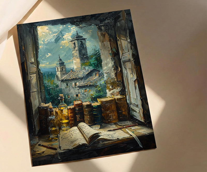 Dark Academia Art Print, Magic Library Decor - Ancient Scroll Window