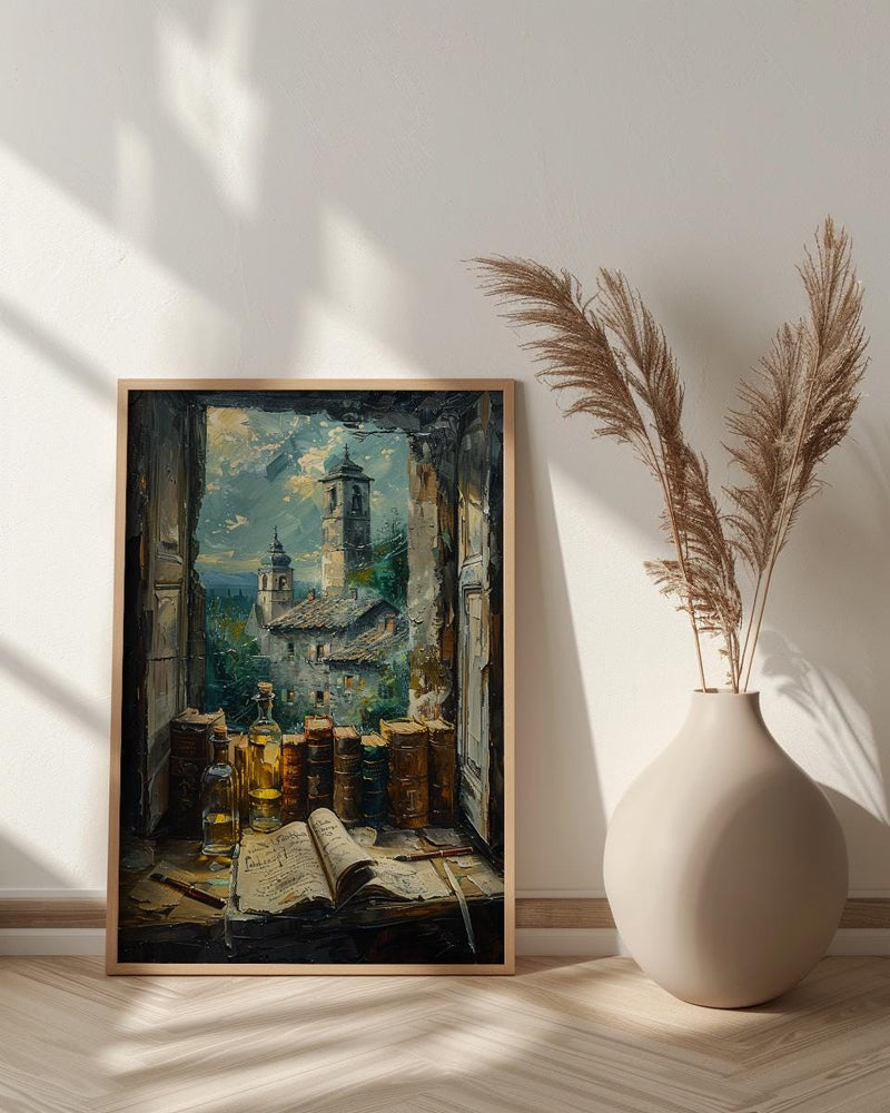 Dark Academia Art Print, Magic Library Decor - Ancient Scroll Window