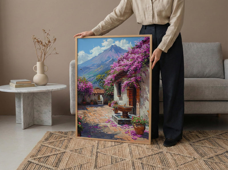 Antigua Art Print, Guatemala Spring Wall Decor - Bougainvillea Volcano
