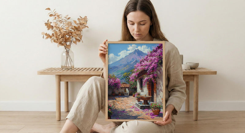 Antigua Art Print, Guatemala Spring Wall Decor - Bougainvillea Volcano