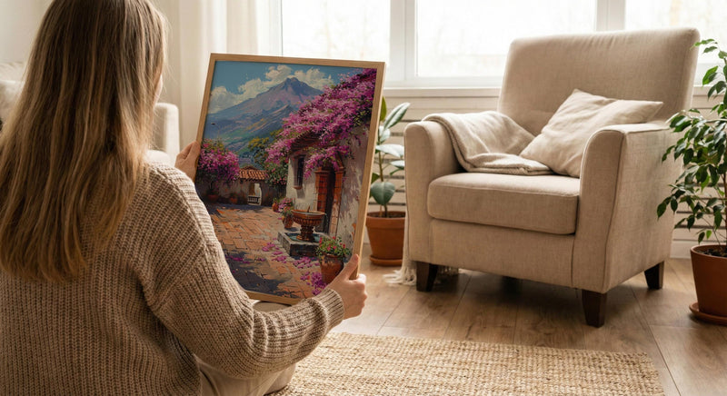 Antigua Art Print, Guatemala Spring Wall Decor - Bougainvillea Volcano