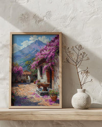 Antigua Art Print, Guatemala Spring Wall Decor - Bougainvillea Volcano