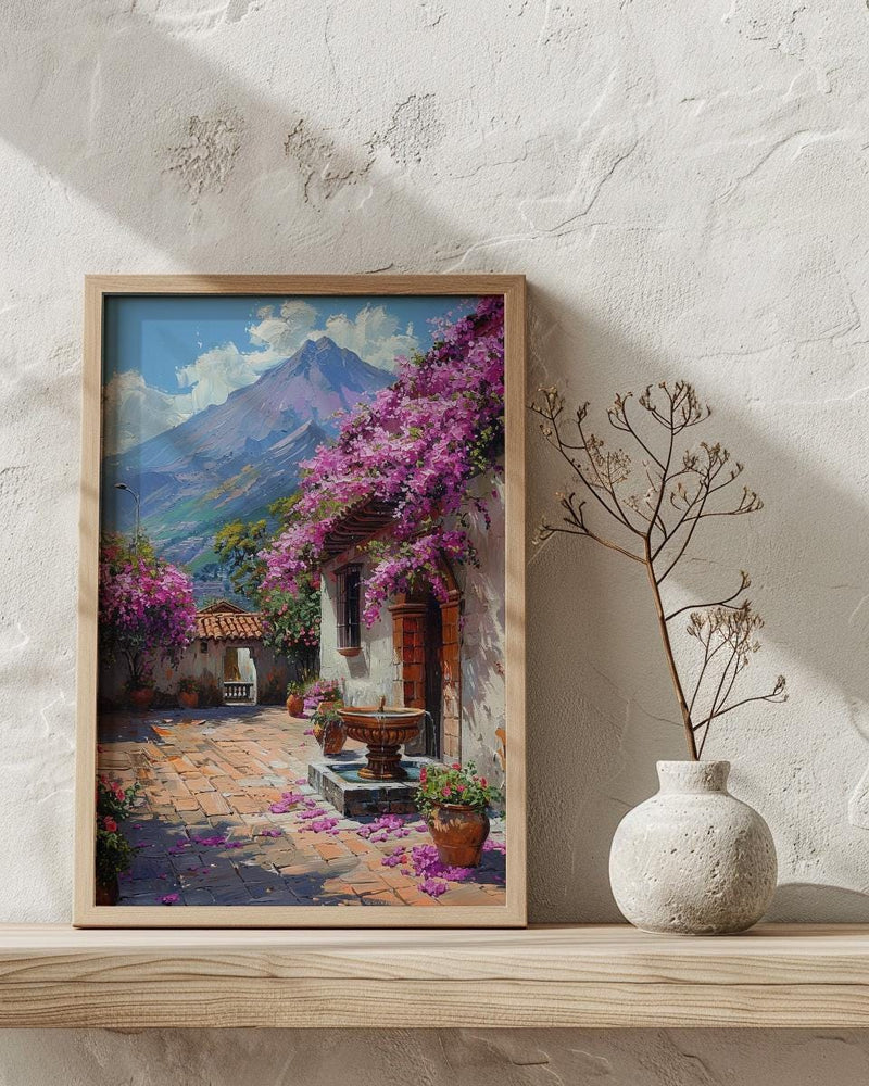 Antigua Art Print, Guatemala Spring Wall Decor - Bougainvillea Volcano