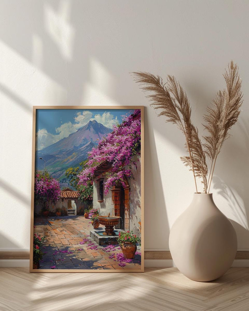 Antigua Art Print, Guatemala Spring Wall Decor - Bougainvillea Volcano