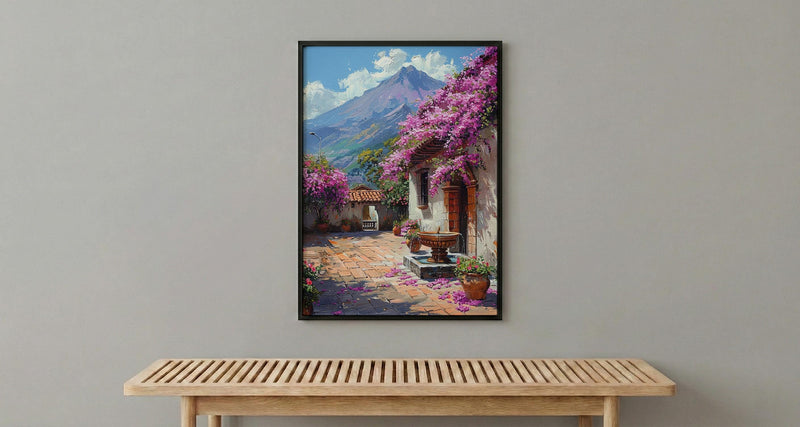 Antigua Art Print, Guatemala Spring Wall Decor - Bougainvillea Volcano