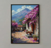 Antigua Art Print, Guatemala Spring Wall Decor - Bougainvillea Volcano