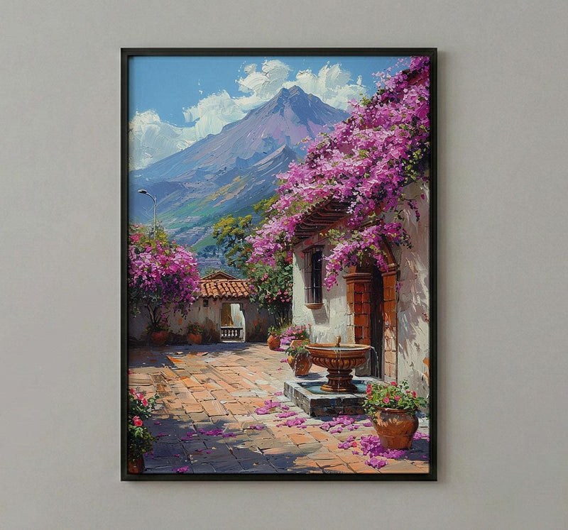 Antigua Art Print, Guatemala Spring Wall Decor - Bougainvillea Volcano
