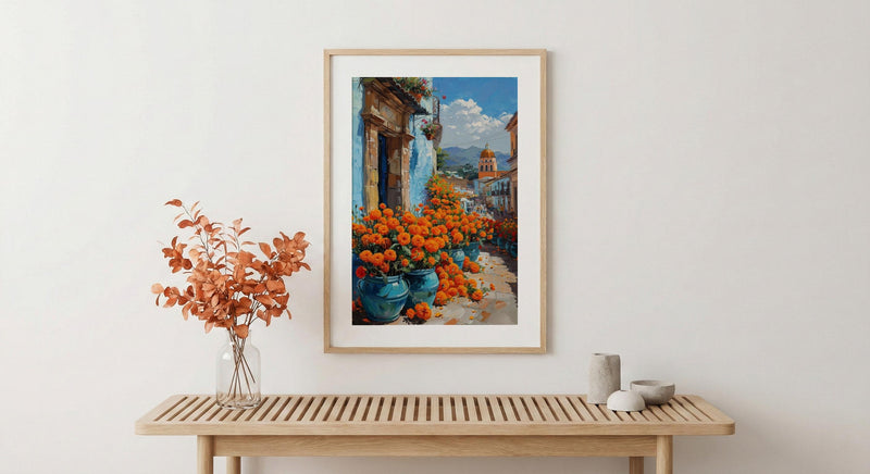 Oaxaca Market Poster, Orange Marigold Wall Decor - Floral Street Art