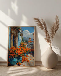 Oaxaca Market Poster, Orange Marigold Wall Decor - Floral Street Art
