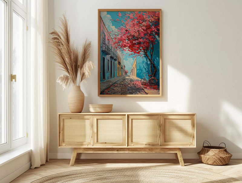 San Juan Art Print, Flamboyant Tree Decor - Blue Cobblestone Art