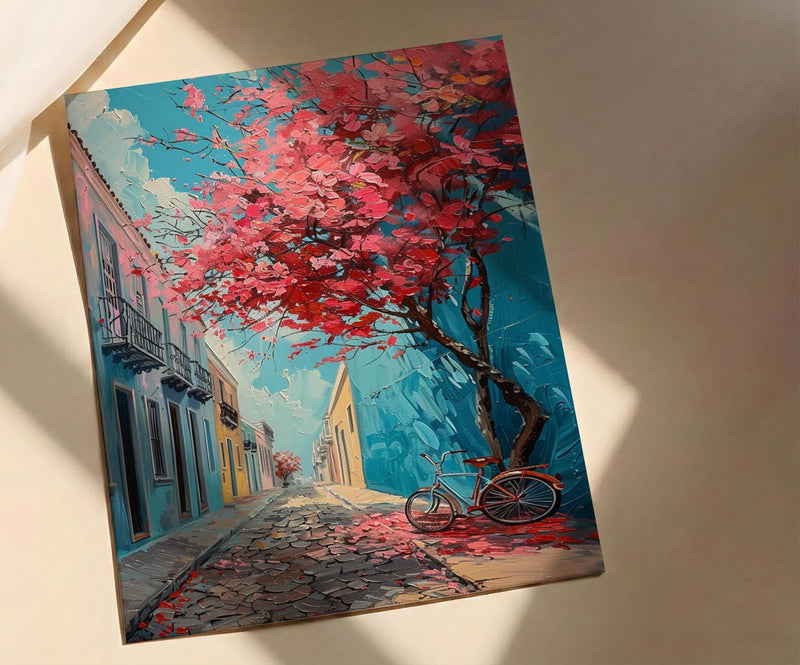 San Juan Art Print, Flamboyant Tree Decor - Blue Cobblestone Art