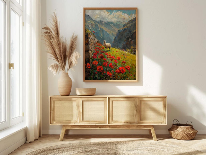 Peru Andean Wall Art, Inca Stone Decor - Red Floral Landscape