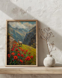 Peru Andean Wall Art, Inca Stone Decor - Red Floral Landscape