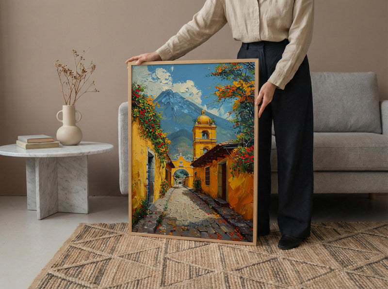 Antigua Spring Poster, Yellow Arch Decor - Volcano Landscape