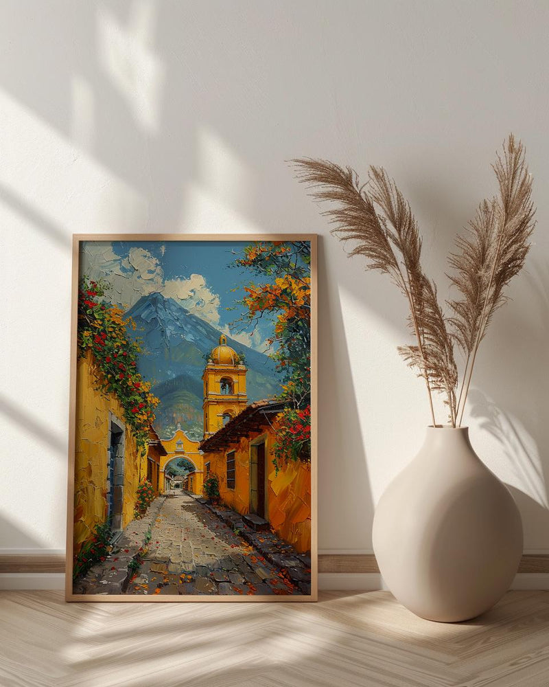 Antigua Spring Poster, Yellow Arch Decor - Volcano Landscape