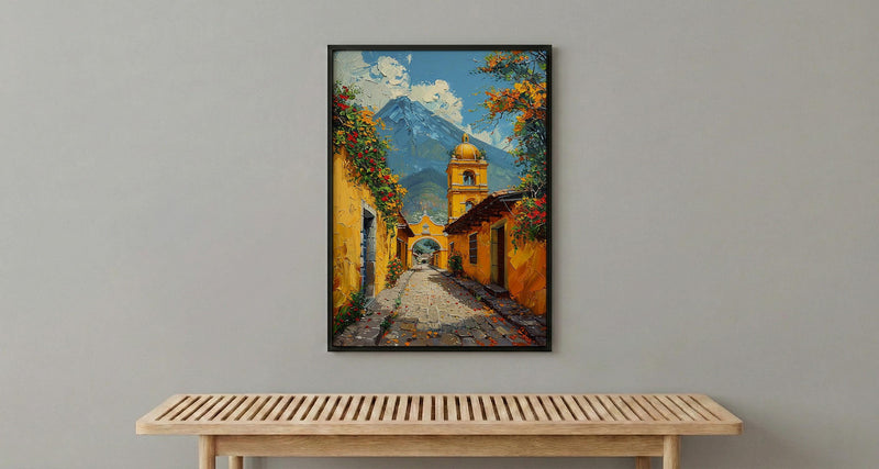 Antigua Spring Poster, Yellow Arch Decor - Volcano Landscape