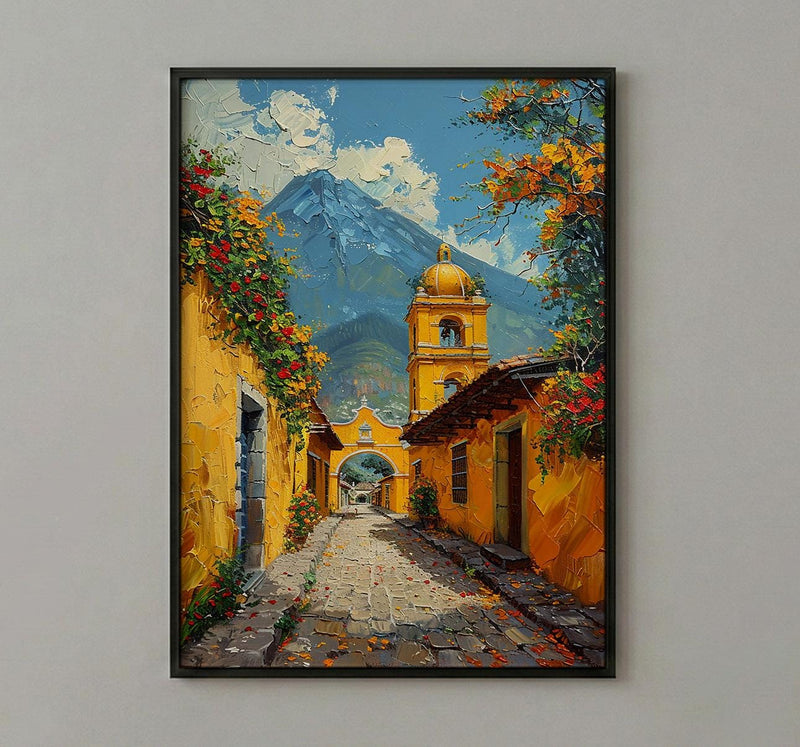 Antigua Spring Poster, Yellow Arch Decor - Volcano Landscape