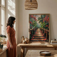 Costa Rica Jungle Poster, Red Heliconia Decor - Bridge Landscape