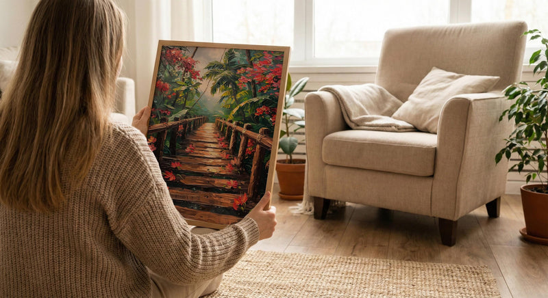 Costa Rica Jungle Poster, Red Heliconia Decor - Bridge Landscape