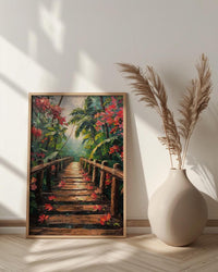 Costa Rica Jungle Poster, Red Heliconia Decor - Bridge Landscape