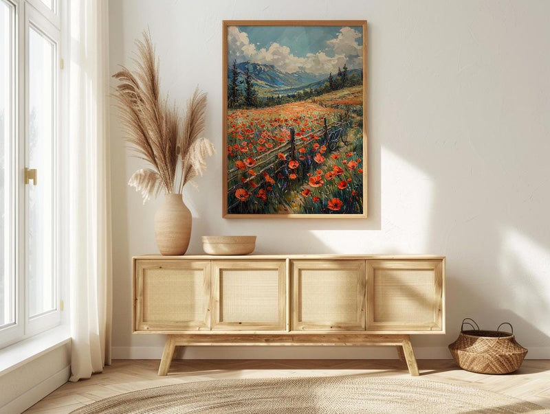 Iraqi Mountain Art Print, Red Poppy Decor - Green Hills Landscape