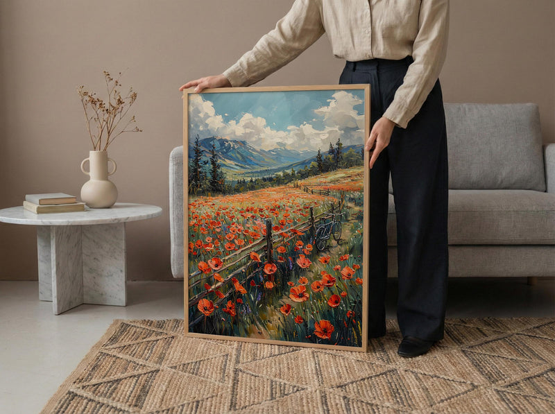 Iraqi Mountain Art Print, Red Poppy Decor - Green Hills Landscape