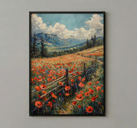 Iraqi Mountain Art Print, Red Poppy Decor - Green Hills Landscape
