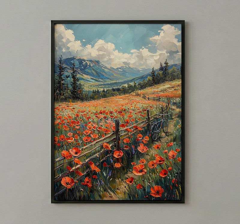 Iraqi Mountain Art Print, Red Poppy Decor - Green Hills Landscape