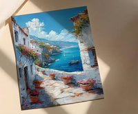 Muscat Coastal Art Print, Red Geranium - Wooden Boat Landscape