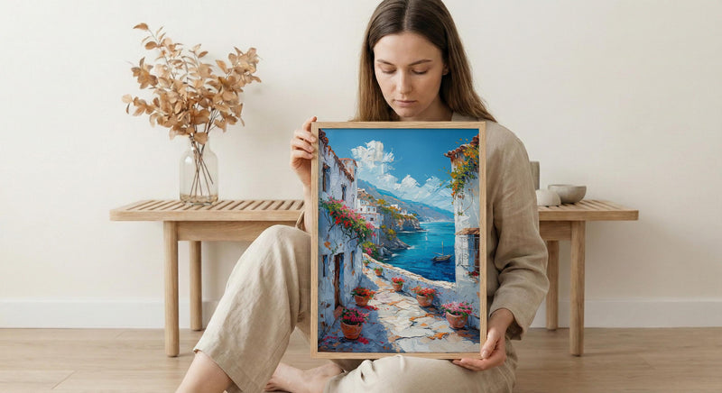 Muscat Coastal Art Print, Red Geranium - Wooden Boat Landscape