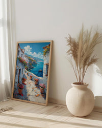 Muscat Coastal Art Print, Red Geranium - Wooden Boat Landscape
