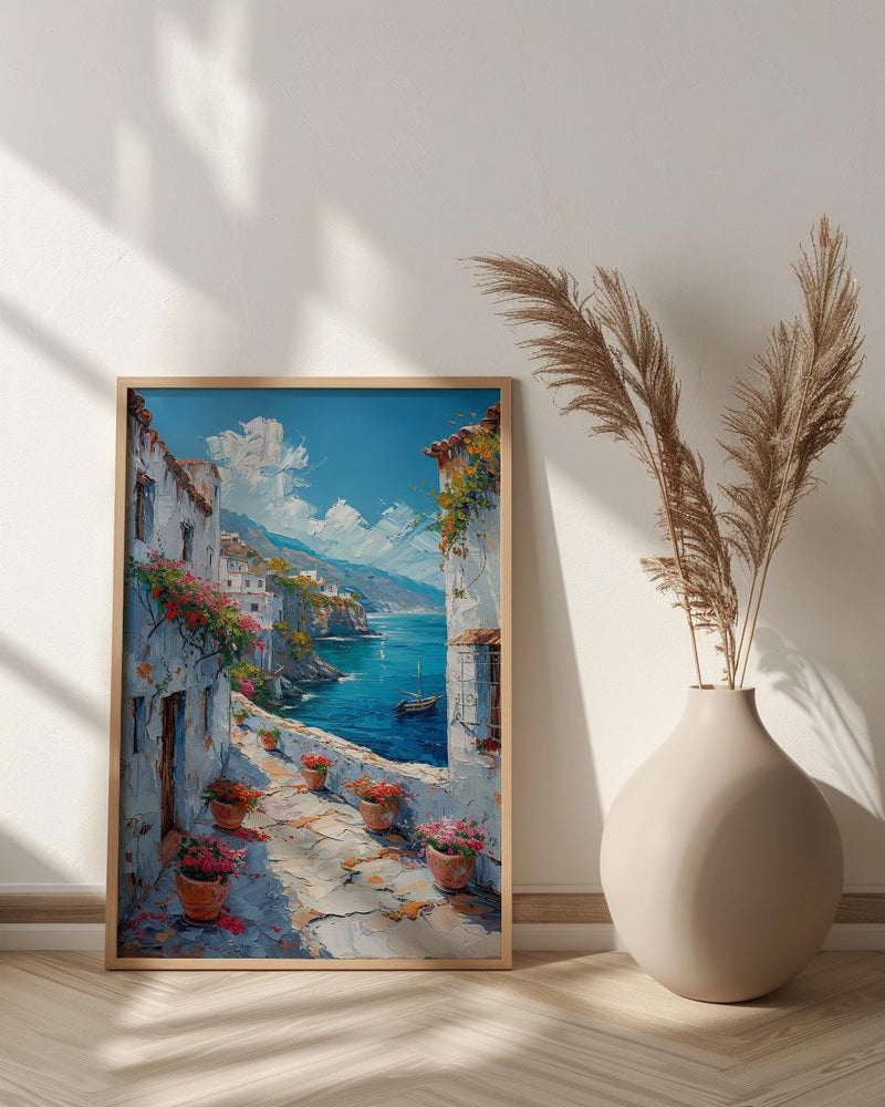 Muscat Coastal Art Print, Red Geranium - Wooden Boat Landscape