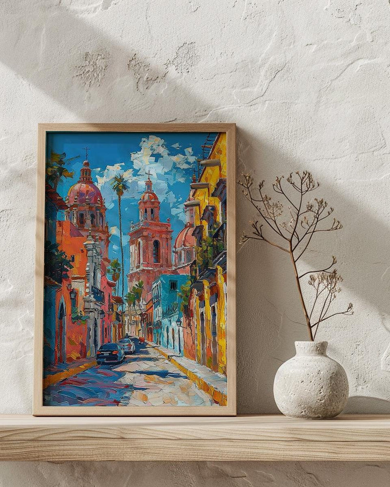 San Miguel Poster, Mexico Church Wall Decor - Pink Architecture Art