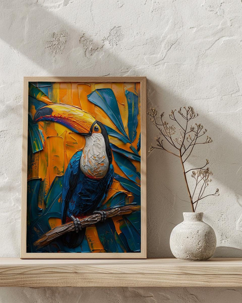 Tropical Toucan Bird Art Print, Exotic Jungle Decor - Vibrant Monstera Leaf Summer Scene