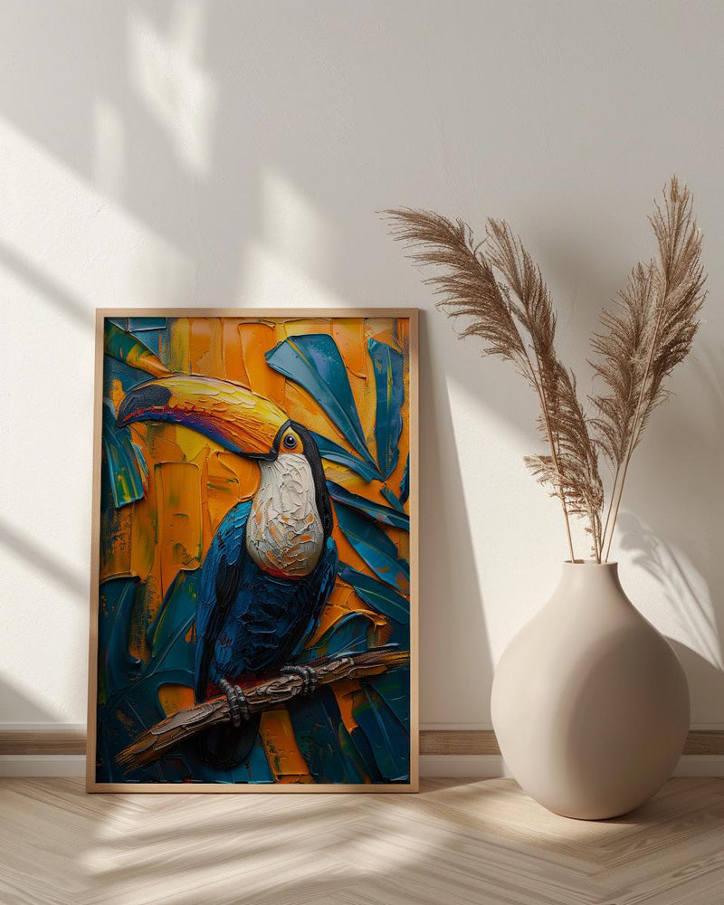 Tropical Toucan Bird Art Print, Exotic Jungle Decor - Vibrant Monstera Leaf Summer Scene