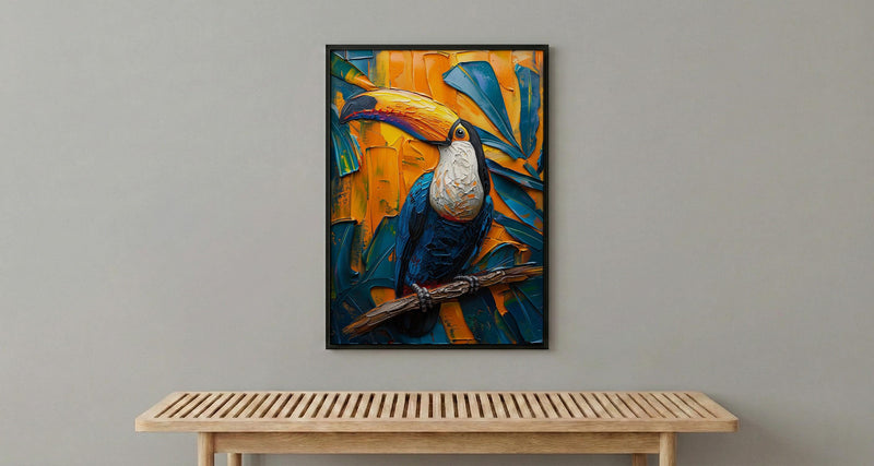 Tropical Toucan Bird Art Print, Exotic Jungle Decor - Vibrant Monstera Leaf Summer Scene