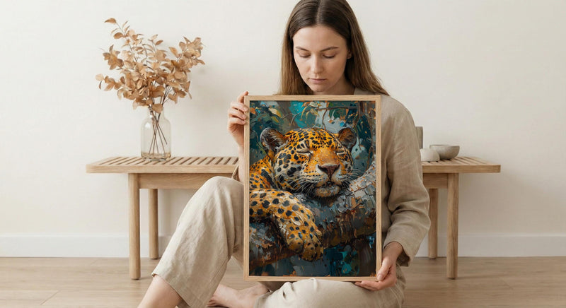 Amazon Jaguar Animal Wall Art, Exotic Jungle Decor - Golden Summer Sunbeam Nature Landscape