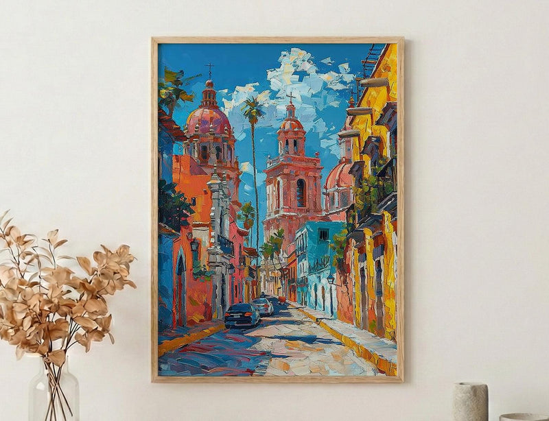 San Miguel Poster, Mexico Church Wall Decor - Pink Architecture Art