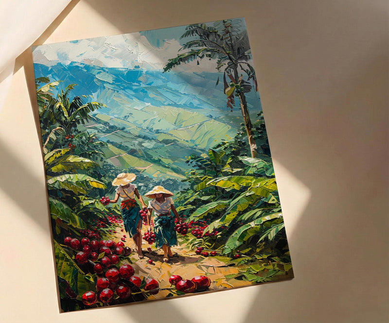 Colombia Coffee Art, Red Cherry Decor - Green Hill Landscape