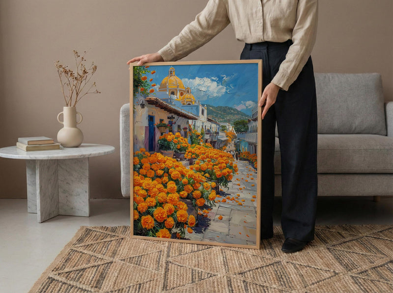 Oaxaca Flower Market Art Print, Orange Marigold Decor - Mexico Street