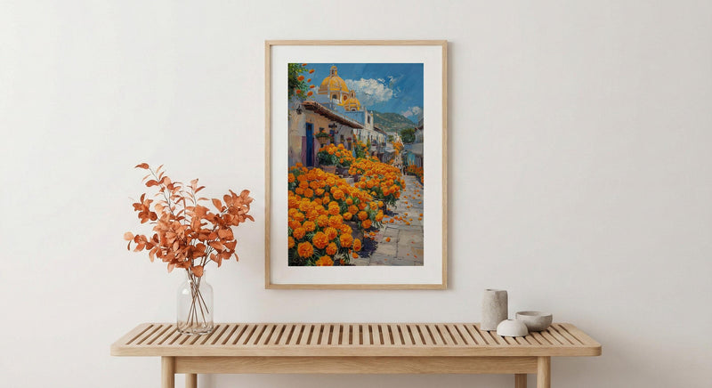Oaxaca Flower Market Art Print, Orange Marigold Decor - Mexico Street