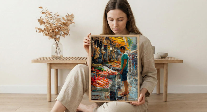 Santiago Market Art Print, Chile Seafood Decor - Vibrant Summer