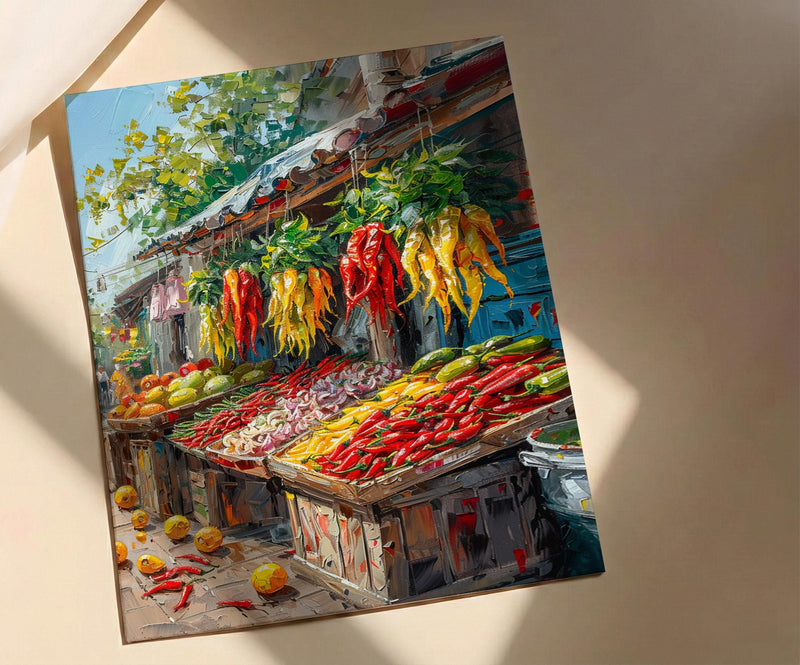 Lima Peru Market Art Print, Red Aji Pepper Decor - Vibrant Food Stall