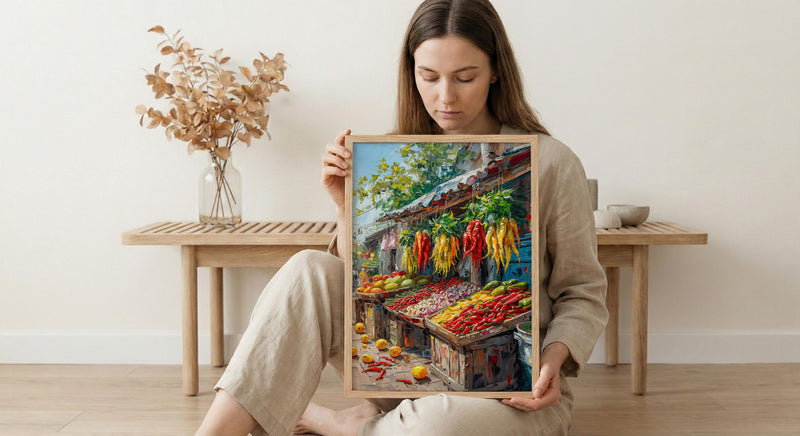 Lima Peru Market Art Print, Red Aji Pepper Decor - Vibrant Food Stall