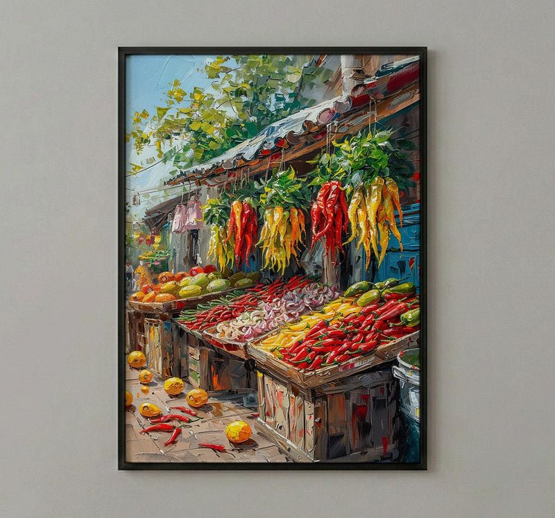 Lima Peru Market Art Print, Red Aji Pepper Decor - Vibrant Food Stall
