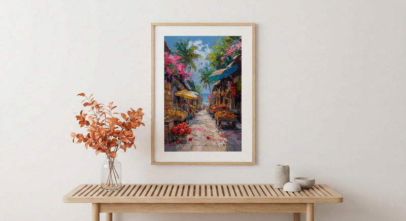 Costa Rica Market Art Print, Wooden Oxcart Decor - Artisan Summer