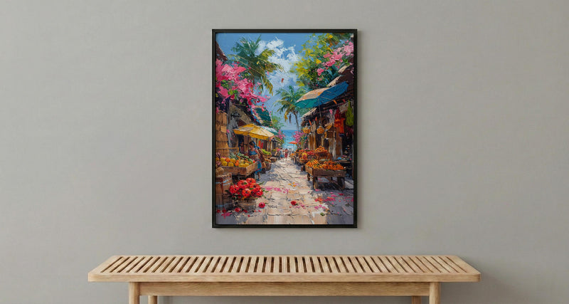 Costa Rica Market Art Print, Wooden Oxcart Decor - Artisan Summer